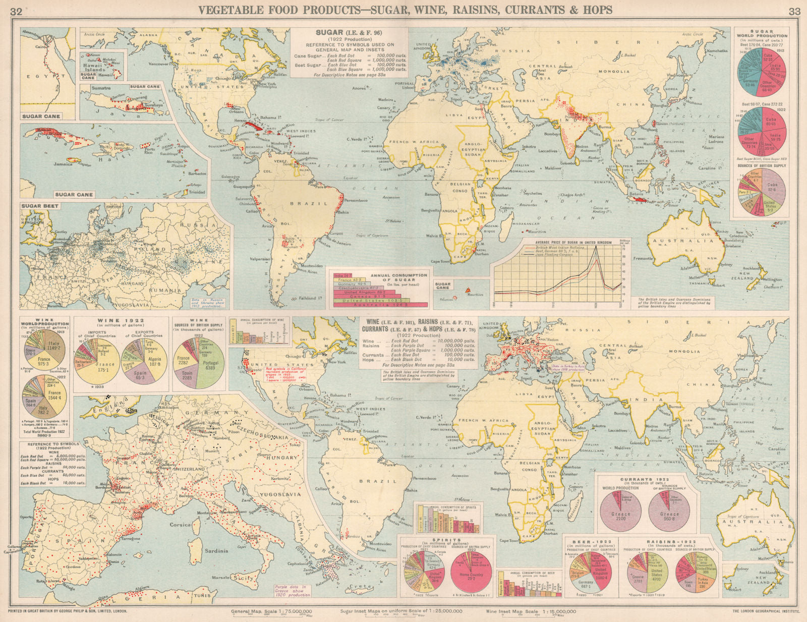 World. Food Production. Sugar Cane/Beet, Wine, Raisins, Currants & Hops 1925 map